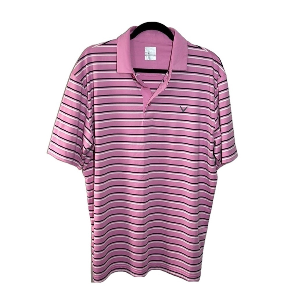 Callaway Opti-Dry Short Sleeve Polo Pink Striped Golf Shirt Size Large